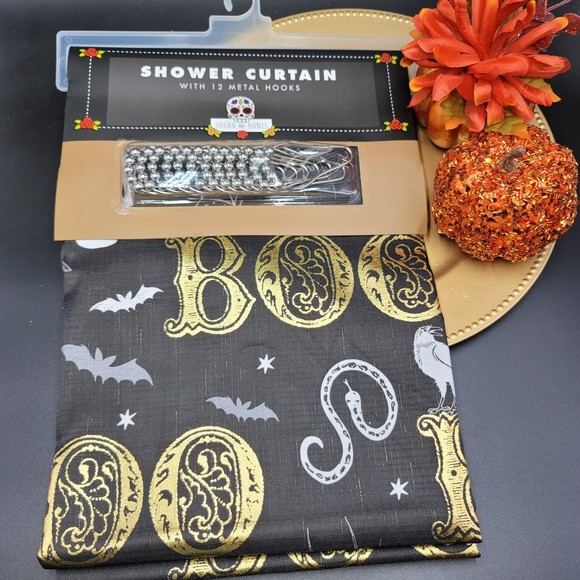 Halloween Shower Curtain Boo Metallic Foil Bat Skull Raven Web Snake Gothic Bath - Picture 2 of 5